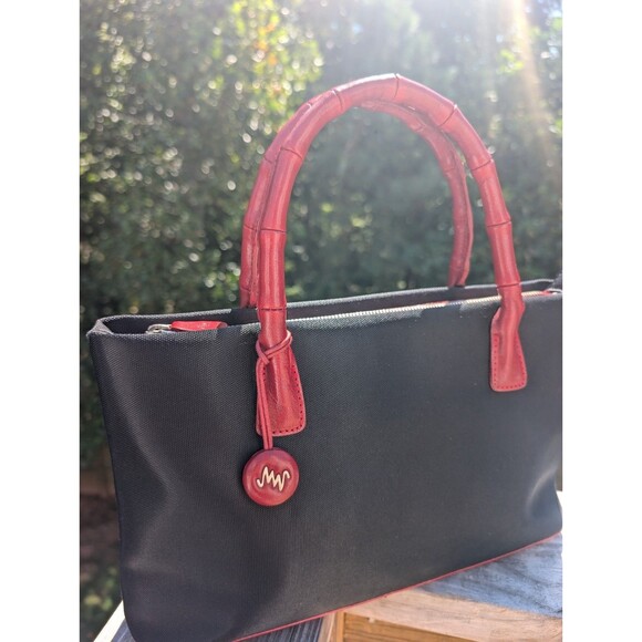 Monsac Designer Handbag Evening Red Leather Bamboo Strap Black Nylon Vintage - Picture 2 of 8